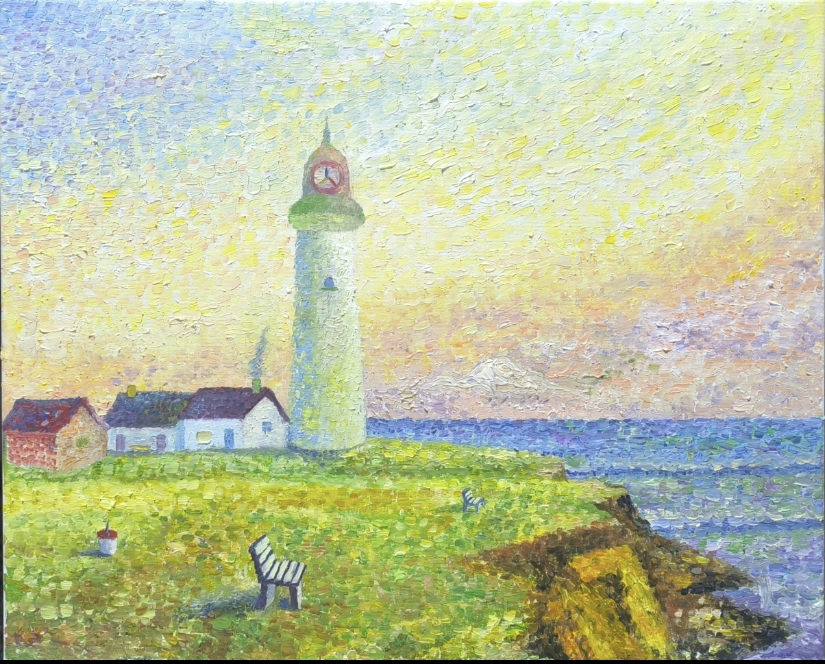 原创新印象派点彩油画 滨海黄昏光影风景手绘原作